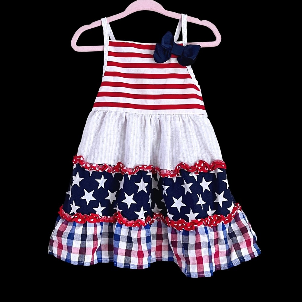 Youngland Patriotic Dress 2T Girls Ruffle Star Stripe Gingham Red White Blue USA
